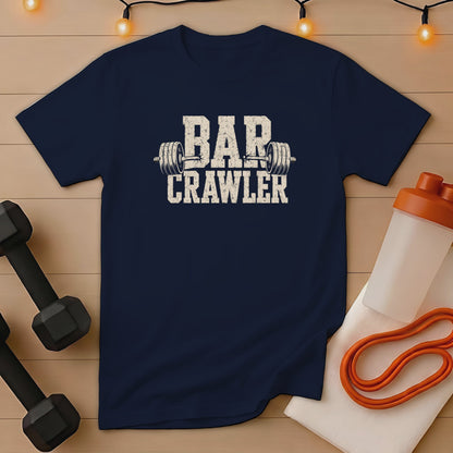 Navy t-shirt with "BAR CRAWLER" and barbell graphic.