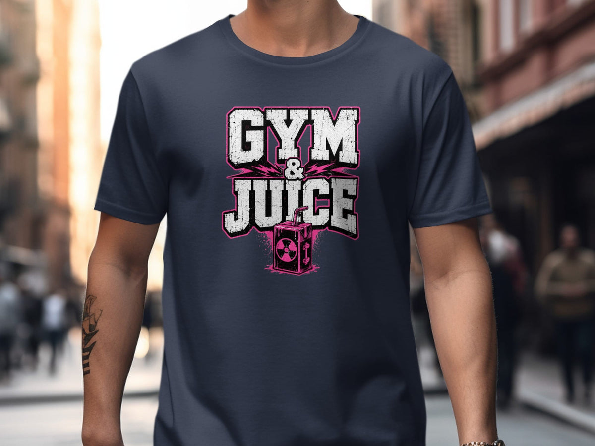 Dark blue t-shirt with white and pink "GYM & JUICE" graphic, featuring a juice box.