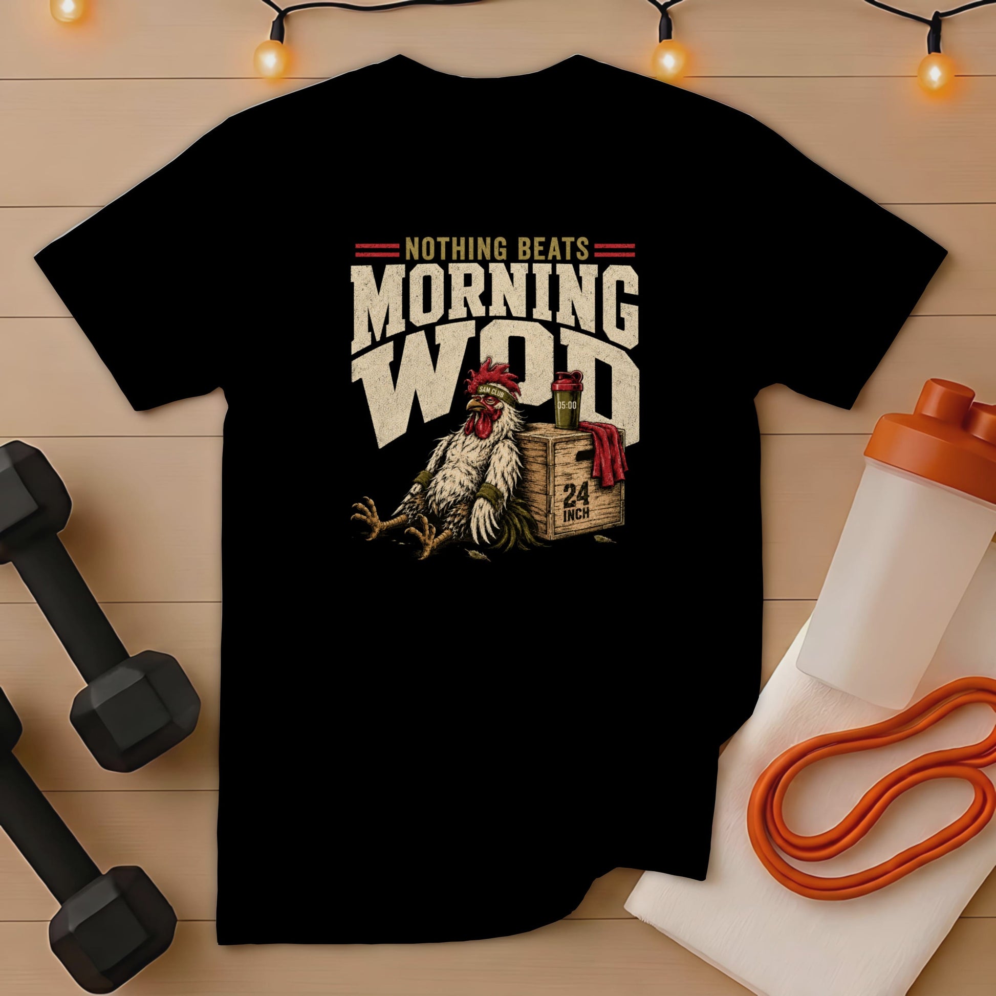 Black t-shirt with "Nothing Beats Morning WoD" and a chicken on a box.