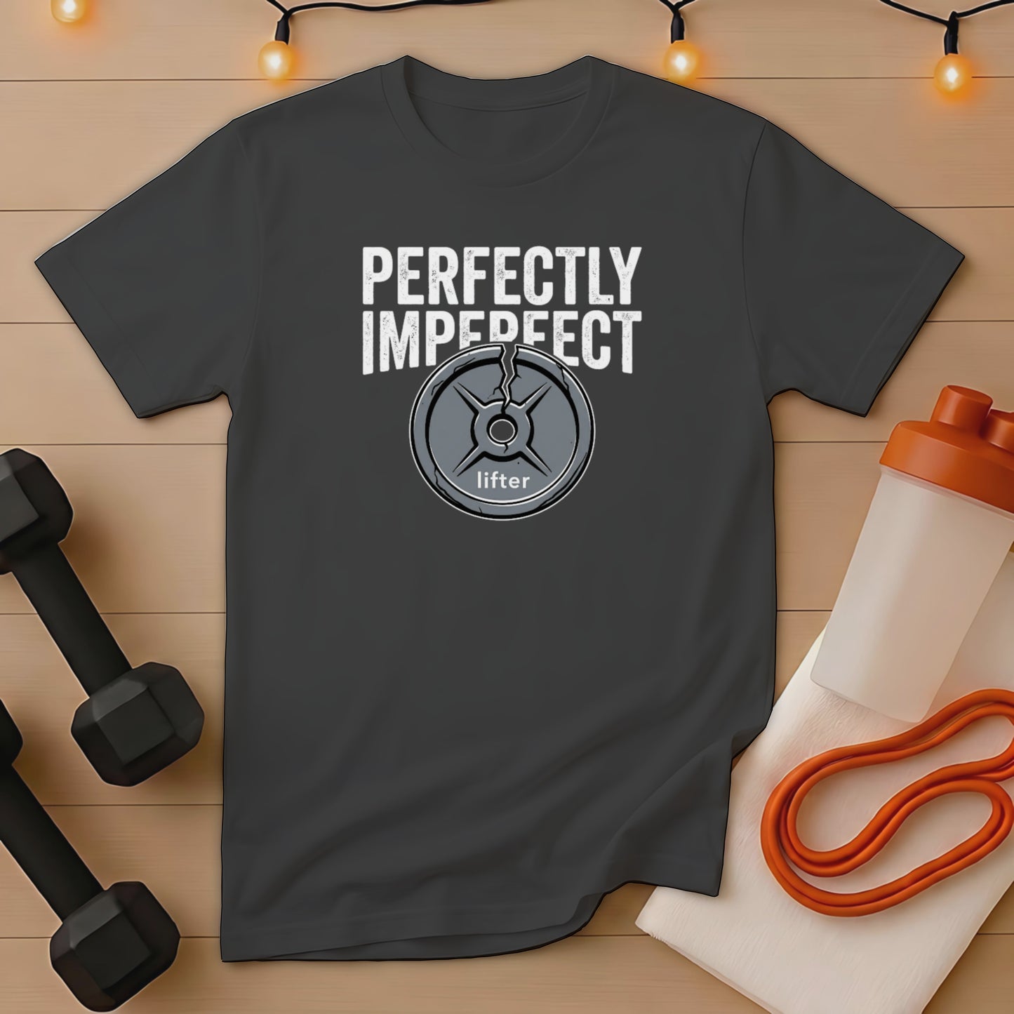 Dark t-shirt with "PERFECTLY IMPERFECT LIFTER" text and weight plate graphic.