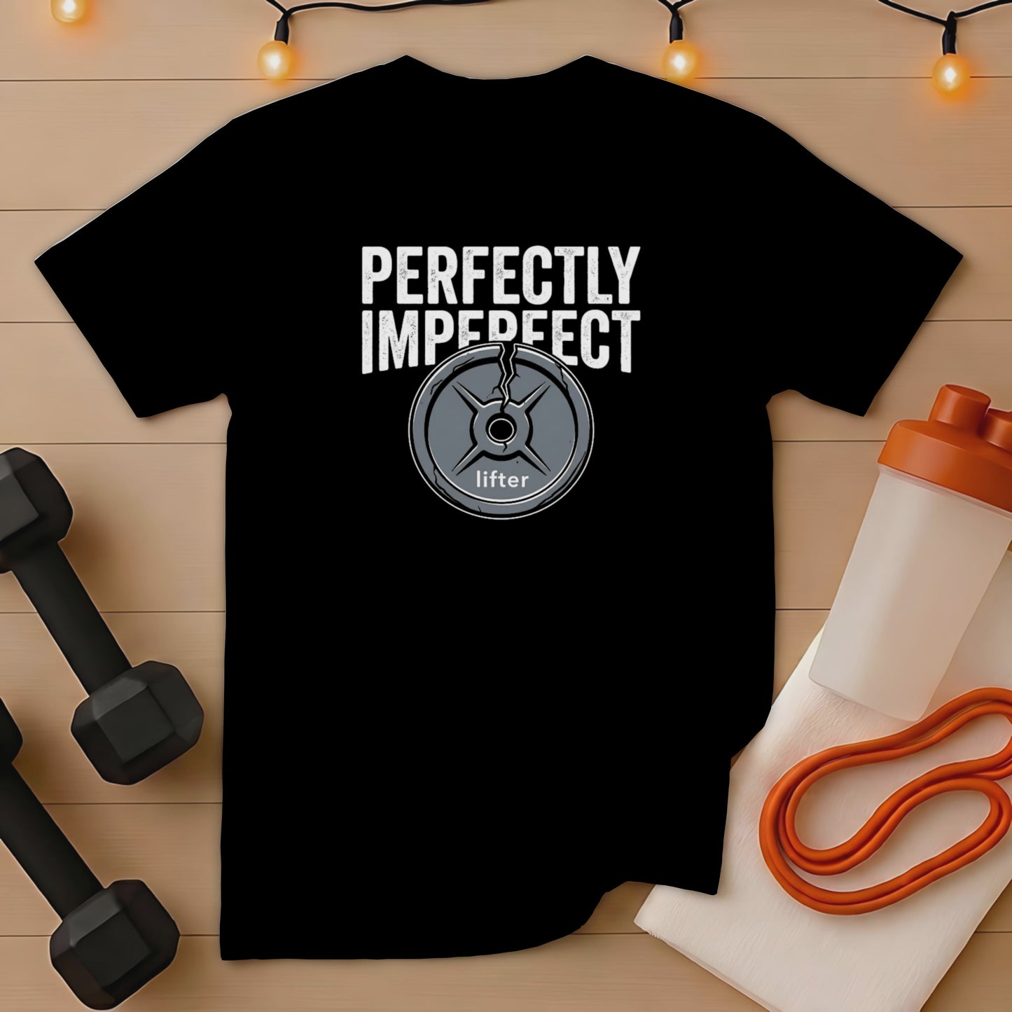 Black t-shirt with "PERFECTLY IMPERFECT lifter" text and a weight plate graphic.