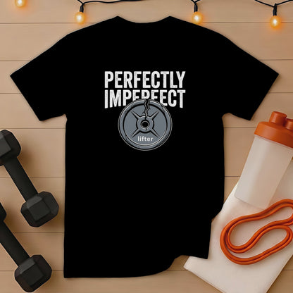 Black t-shirt with "PERFECTLY IMPERFECT lifter" text and a weight plate graphic.