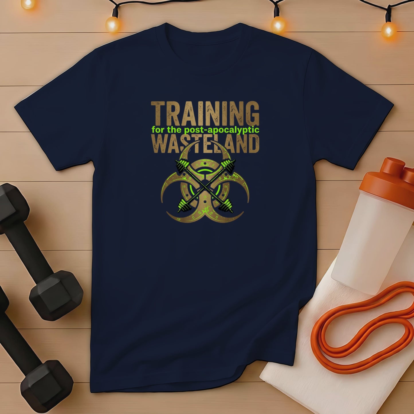 Navy t-shirt with "TRAINING for the post-apocalyptic WASTELAND" and biohazard symbol.