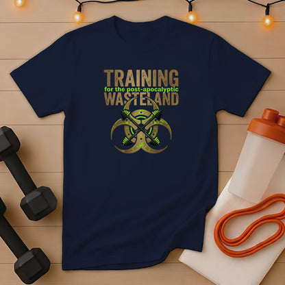 Navy t-shirt with "TRAINING for the post-apocalyptic WASTELAND" and biohazard symbol.