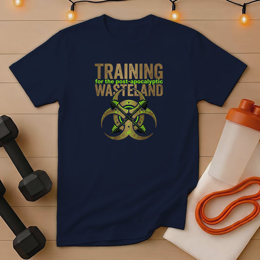 Navy t-shirt with "TRAINING for the post-apocalyptic WASTELAND" and biohazard symbol.