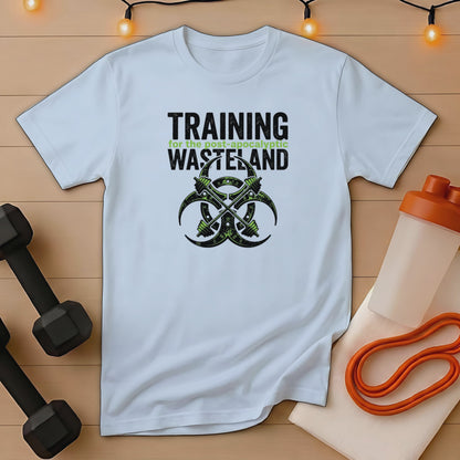 White t-shirt with "Training for the post-apocalyptic wasteland" and biohazard symbol.