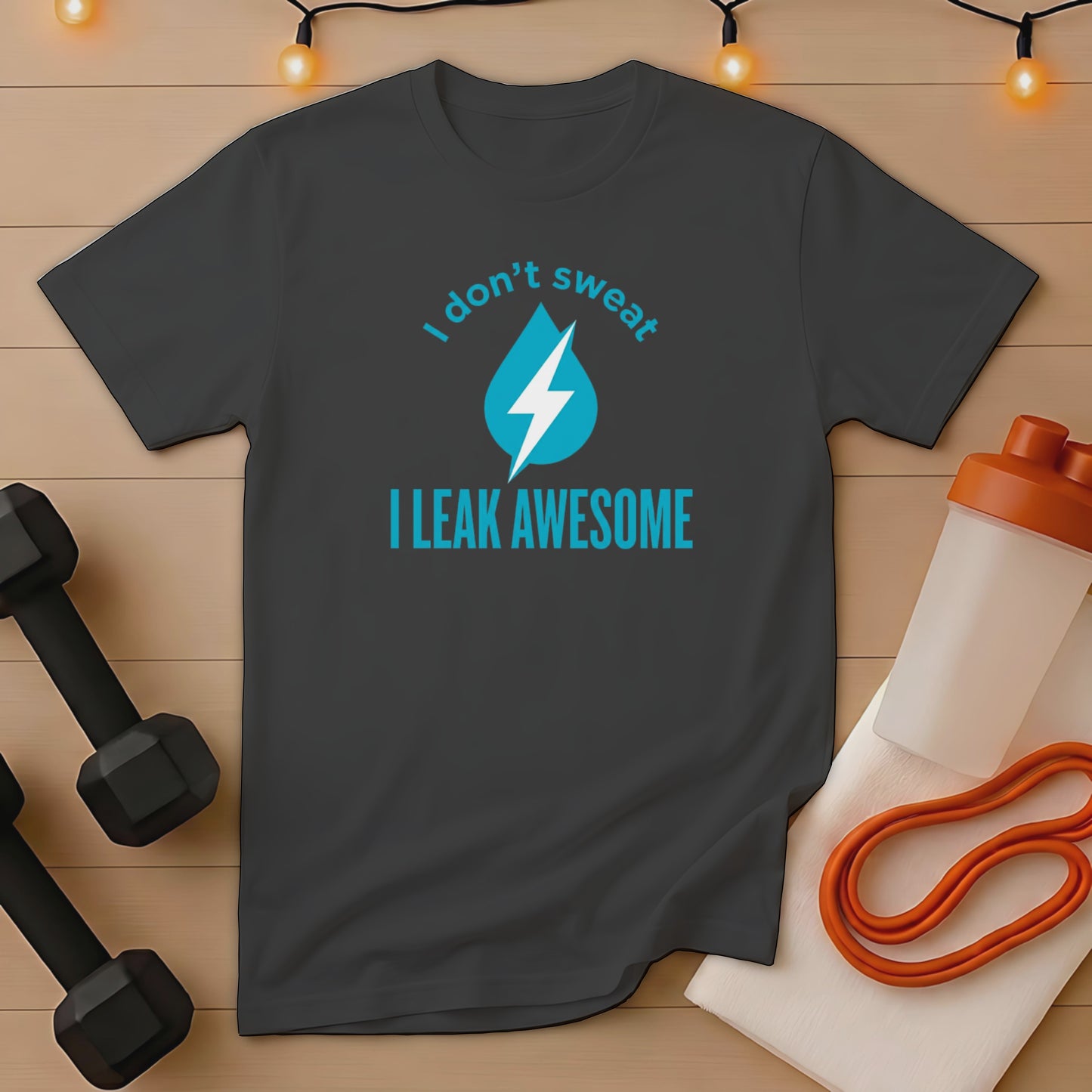 Dark grey t-shirt with blue text "I don't sweat I leak awesome".