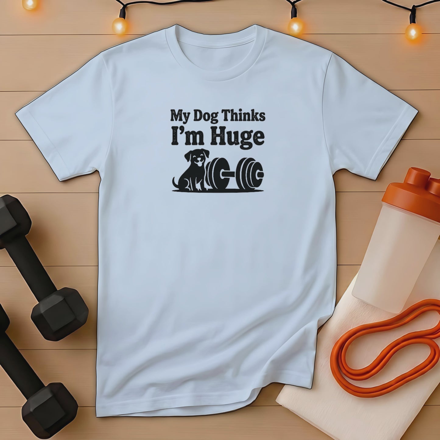 White t-shirt with "My Dog Thinks I'm Huge" and dog lifting weights graphic.