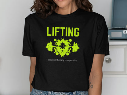 Black t-shirt with lime green text "LIFTING" and Rorschach inkblot.