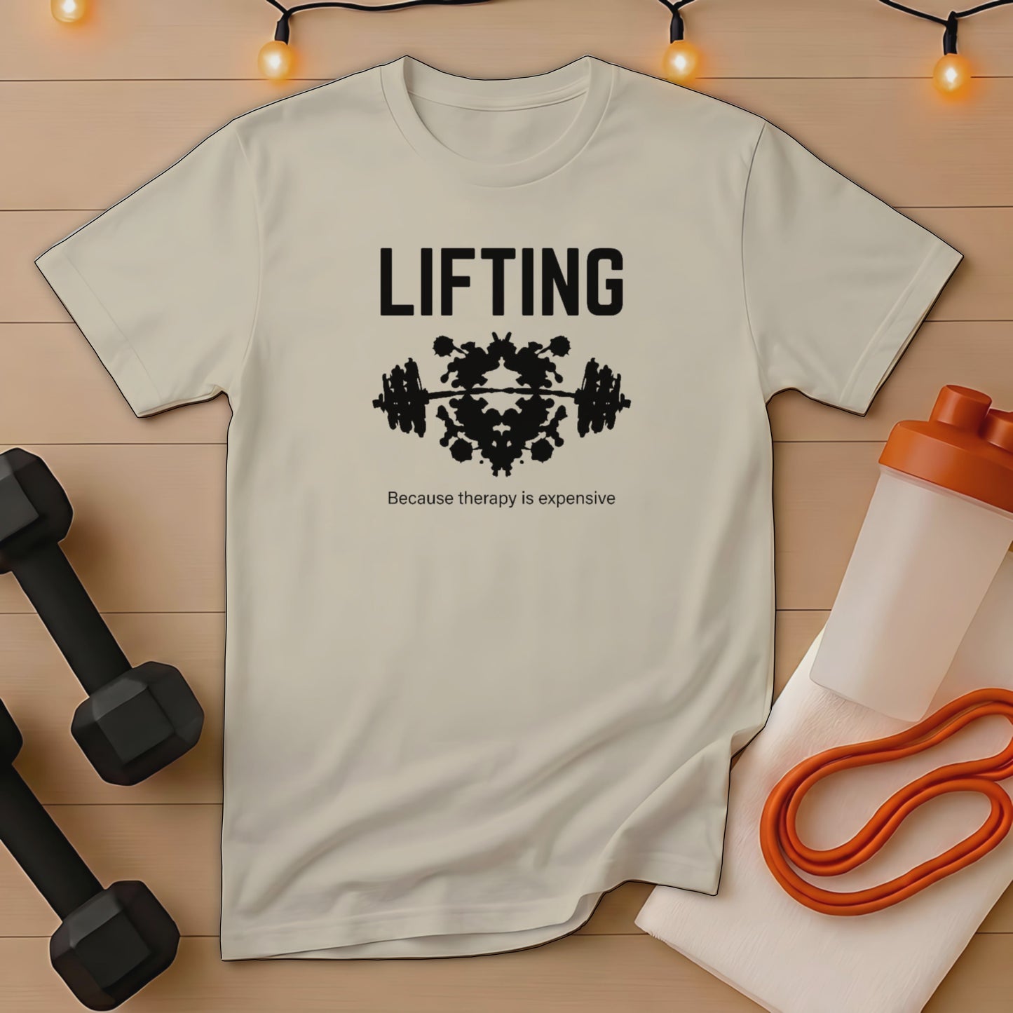 Cream t-shirt with "LIFTING" and symmetrical barbell image.