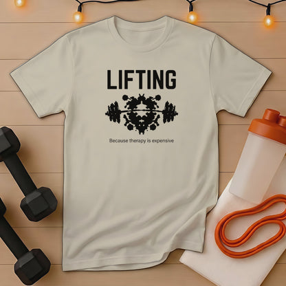 Cream t-shirt with "LIFTING" and symmetrical barbell image.