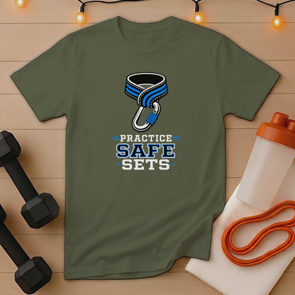 Green t-shirt with "PRACTICE SAFE SETS" text, featuring a carabiner and rope graphic.