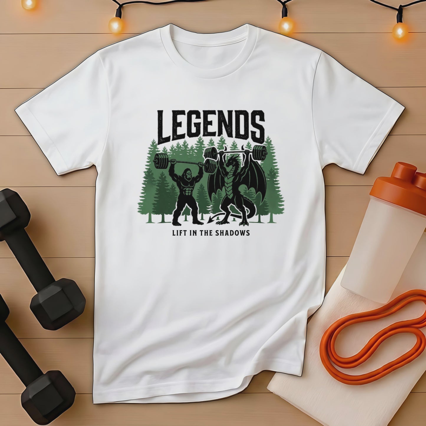 White t-shirt with "LEGENDS LIFT IN THE SHADOWS" and Bigfoot and dragon graphic.