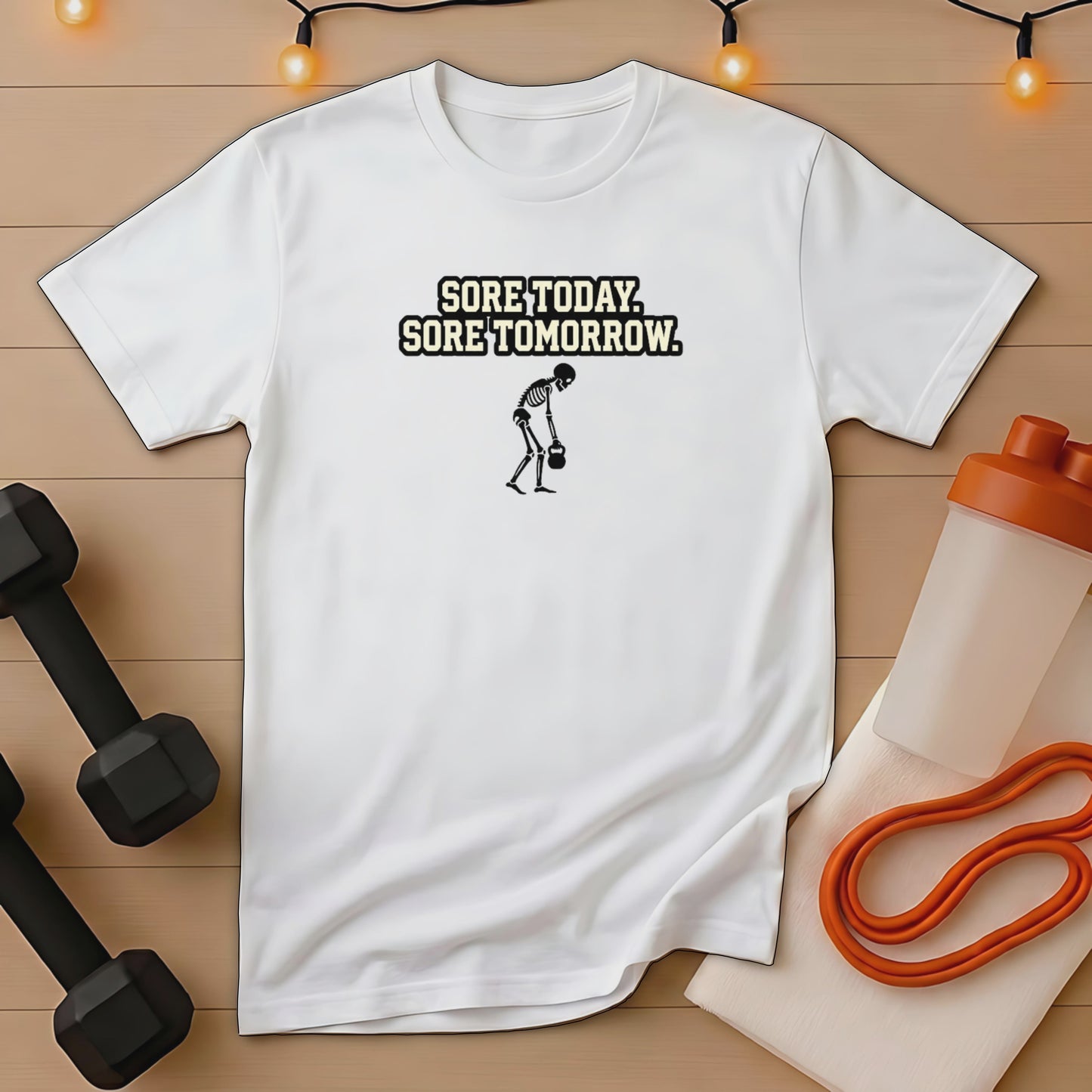 White t-shirt with skeleton lifting weights and text "Sore Today, Sore Tomorrow."