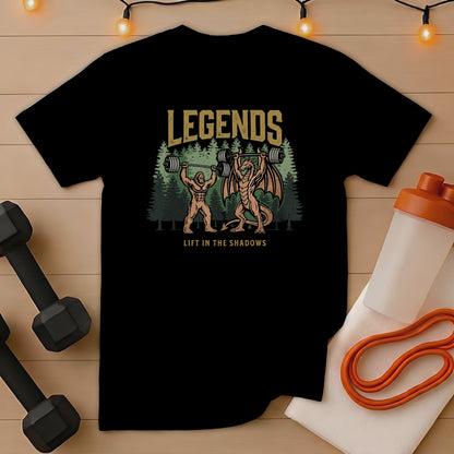 Black t-shirt with "Legends Lift in the Shadows" text and Bigfoot and dragon lifting weights graphic.