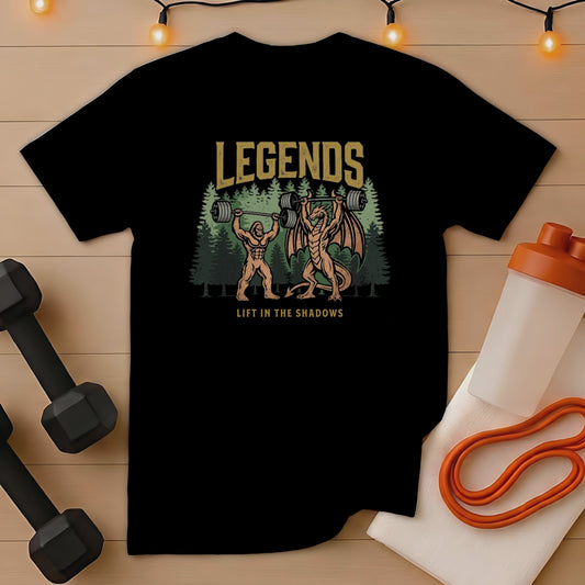 Black t-shirt with "Legends Lift in the Shadows" text and Bigfoot and dragon lifting weights graphic.