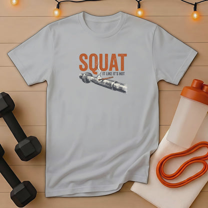 T-shirt with "SQUAT IT LIKE IT'S HOT" text and barbell graphic, dumbbells, and shaker.