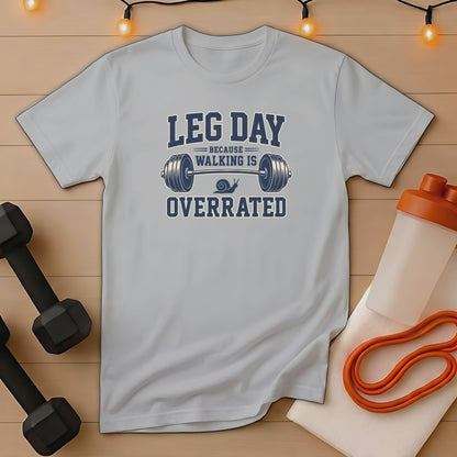 Gray t-shirt with "Leg Day Because Walking Is Overrated" text and snail graphic.