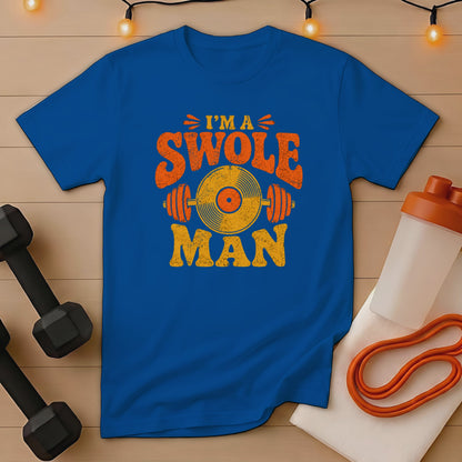 Blue t-shirt with distressed text "I'M A SWOLE MAN" and barbell graphic.