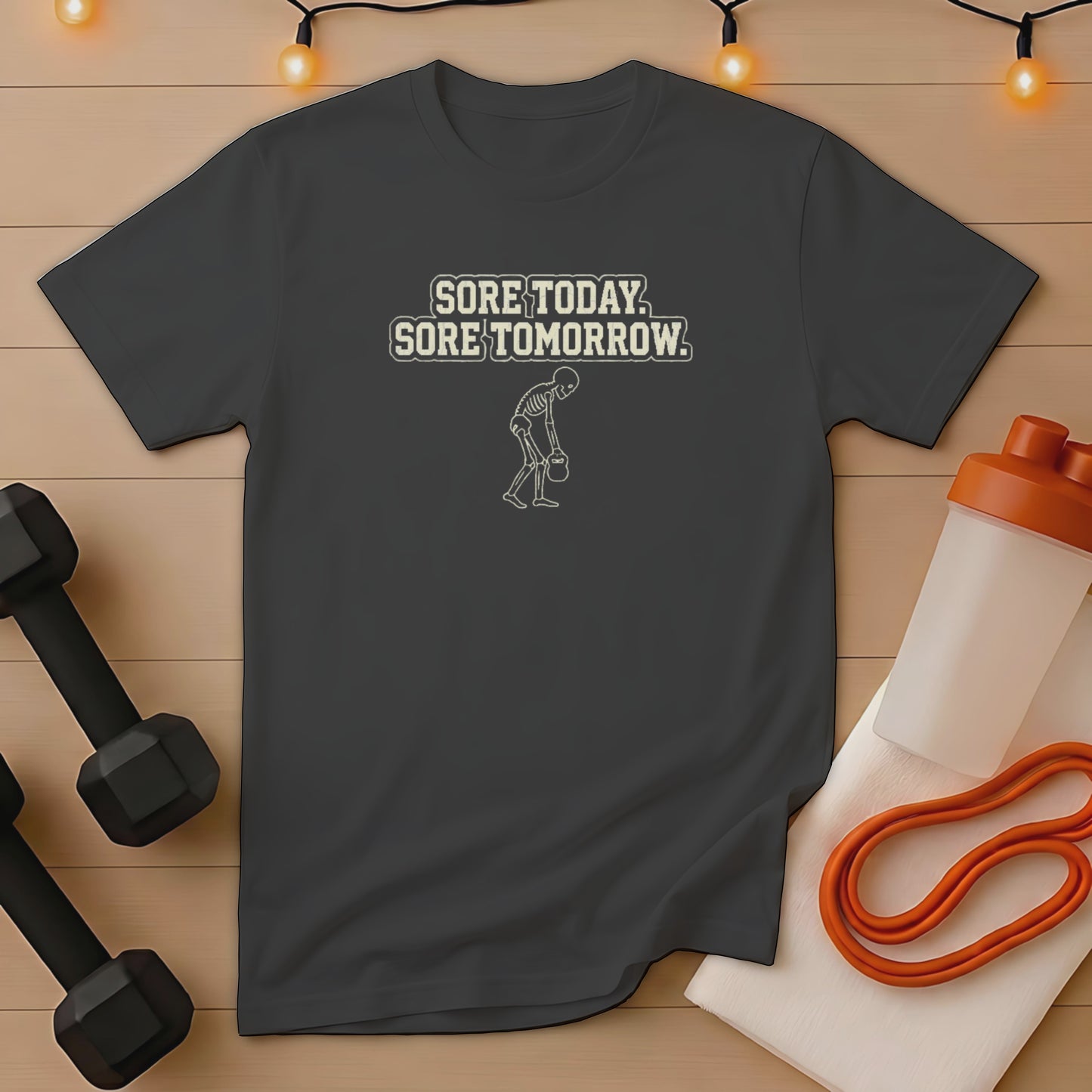 Dark grey t-shirt with white text "Sore Today, Sore Tomorrow" and skeleton lifting weights.