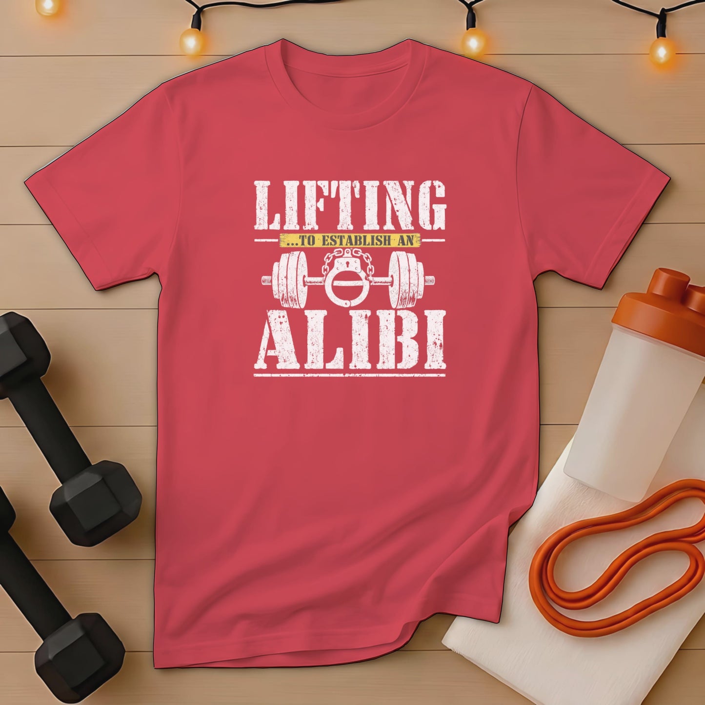 Red t-shirt with white distressed text "LIFTING ...TO ESTABLISH AN ALIBI" and barbell graphic.