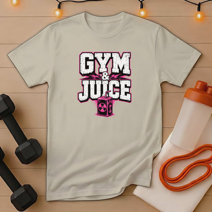 Light beige t-shirt with "GYM & JUICE" graphic and a juice box.