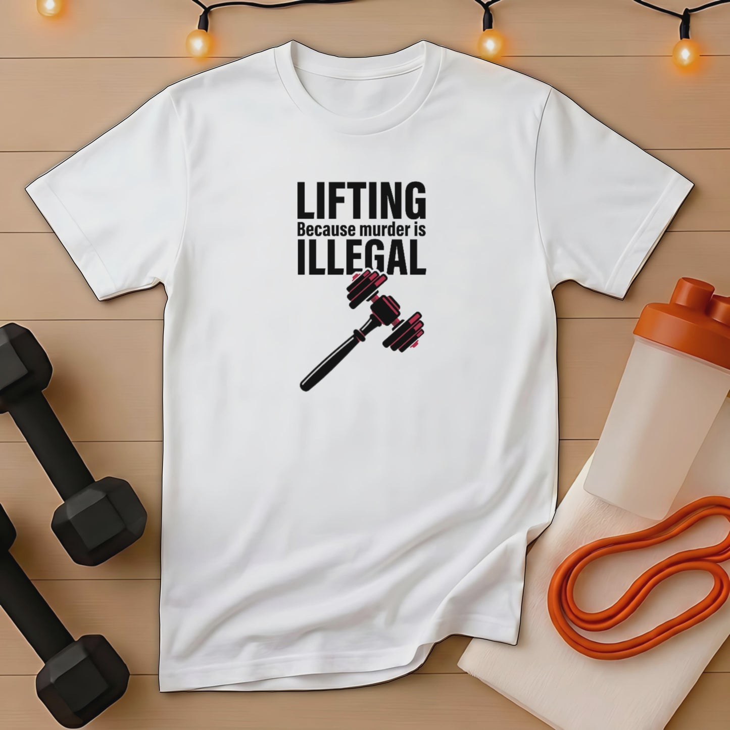 White t-shirt with "Lifting Because Murder Is Illegal" text and dumbbells graphic.