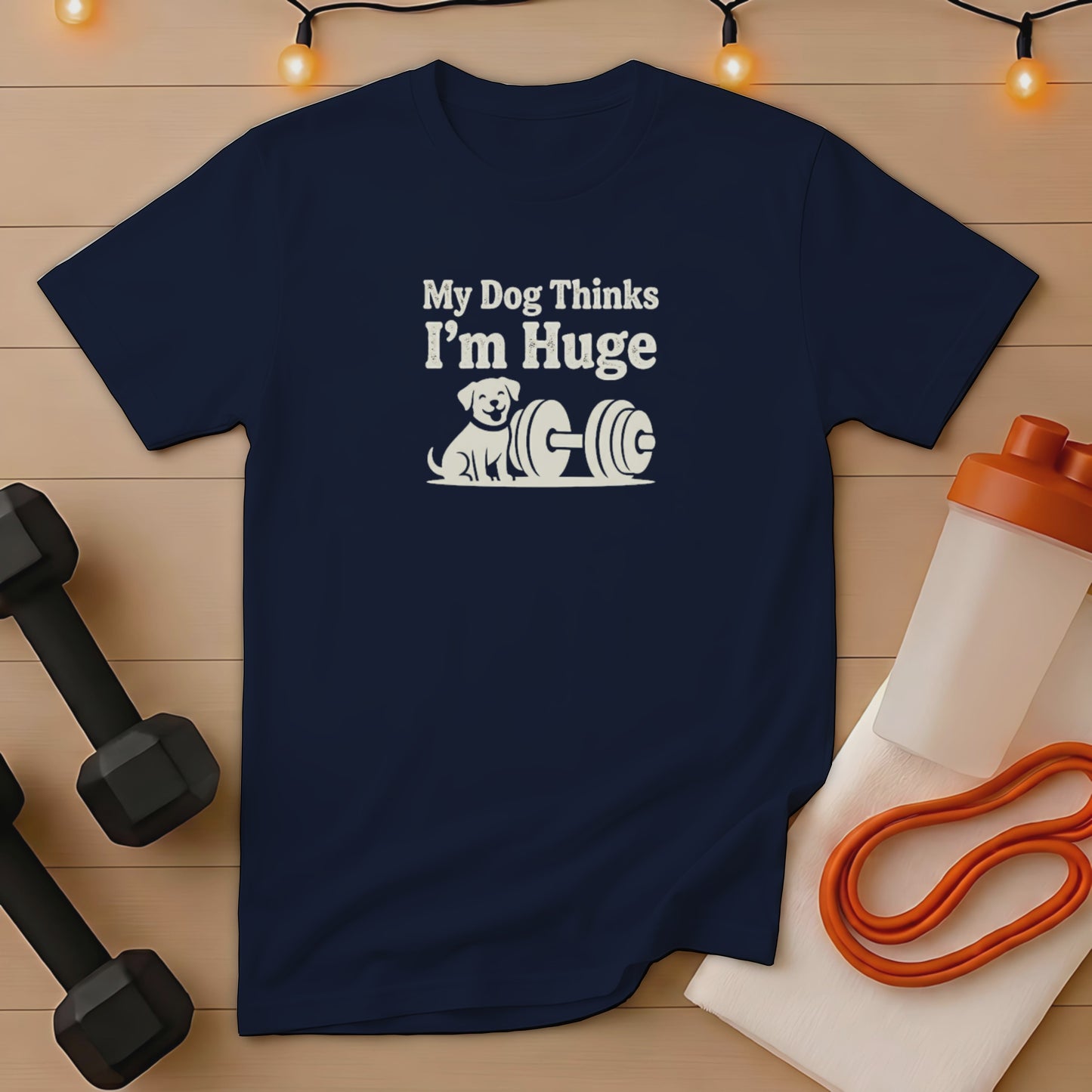 Navy t-shirt with "My Dog Thinks I'm Huge" text and a cartoon dog lifting weights.