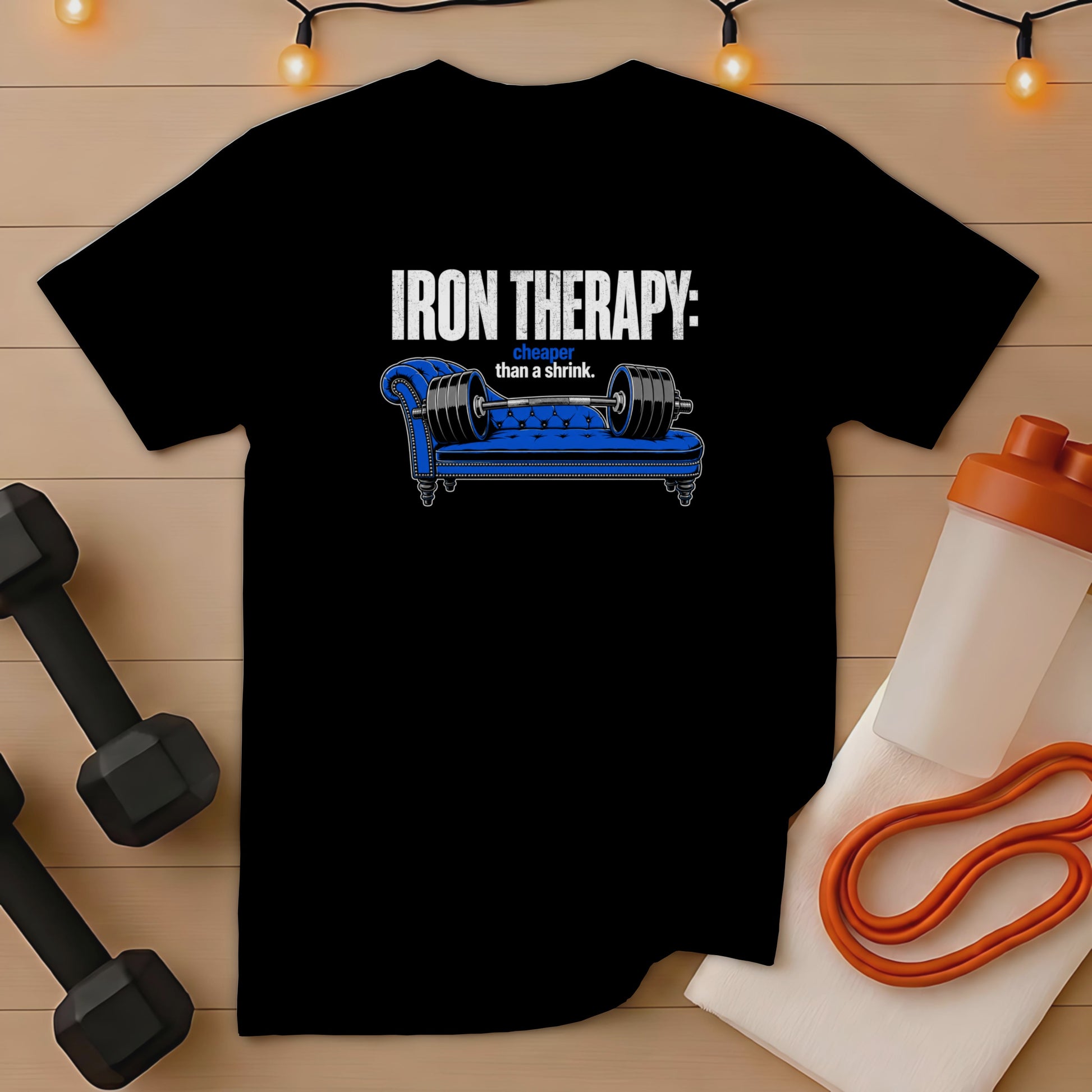 Black t-shirt with "Iron Therapy: cheaper than a shrink" graphic.