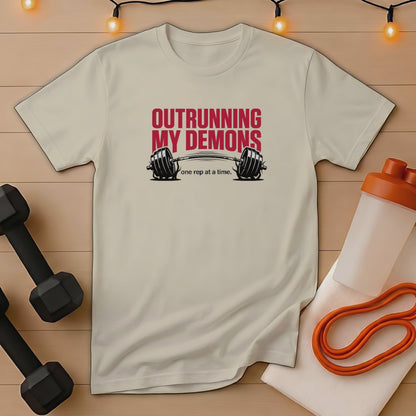 Cream t-shirt with "Outrunning My Demons" and barbell graphic.