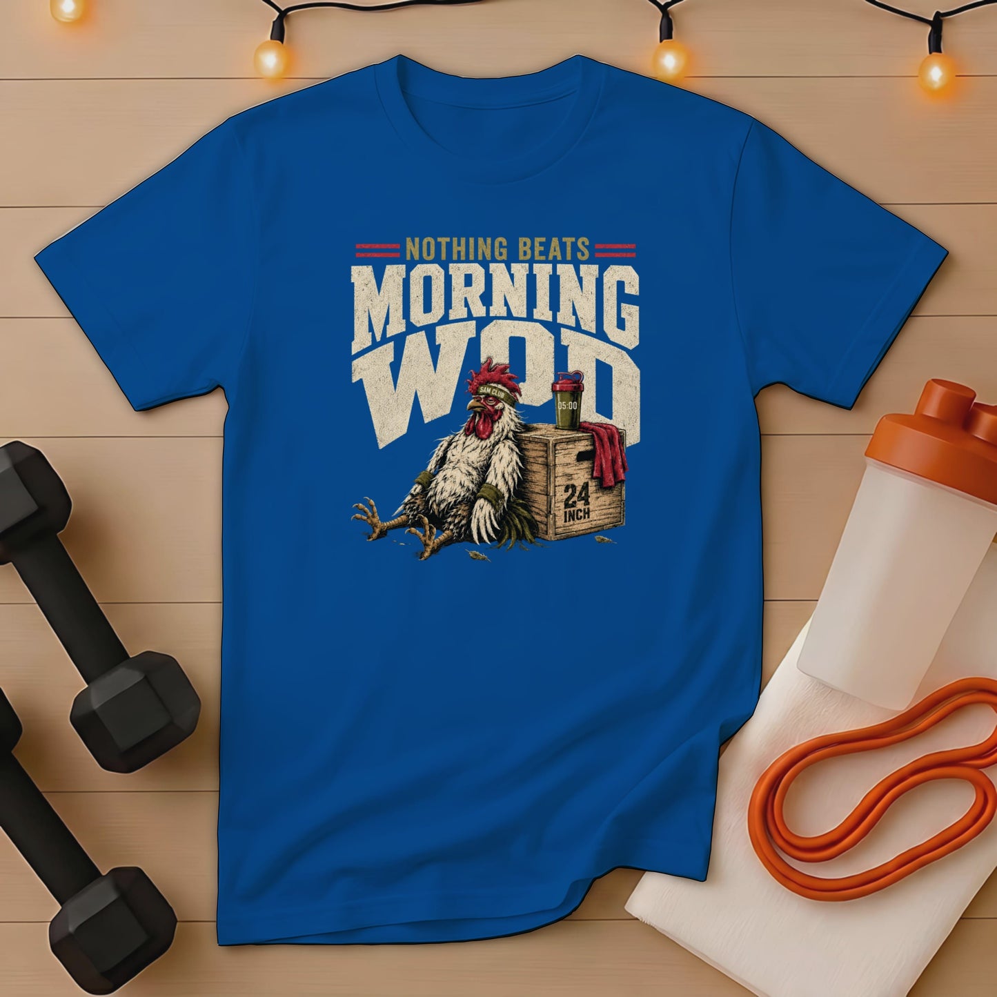 Blue t-shirt with graphic of a tired chicken and text "Nothing Beats Morning WOD".