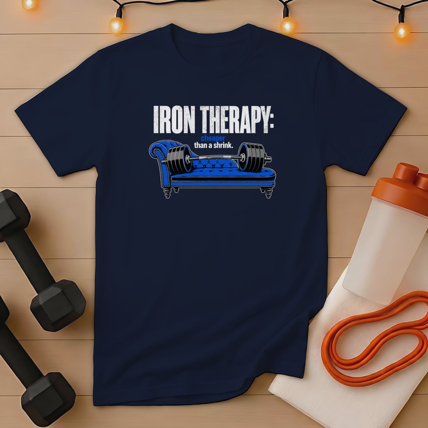 Navy t-shirt with "Iron Therapy: cheaper than a shrink." text and couch illustration.