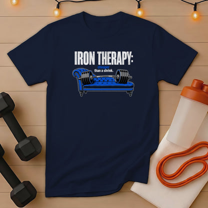 Navy t-shirt with "Iron Therapy: cheaper than a shrink." text and couch illustration.