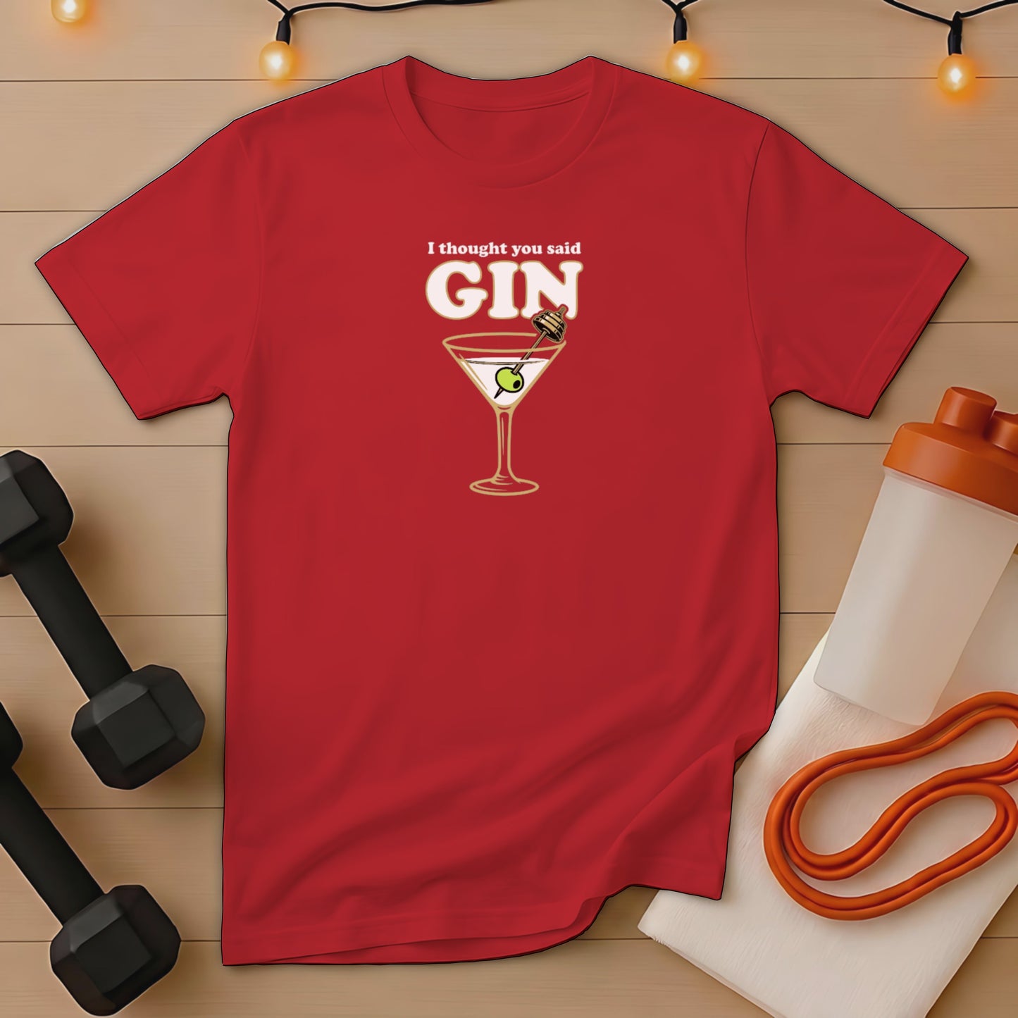Red t-shirt with "I thought you said Gin" and cocktail glass graphic.