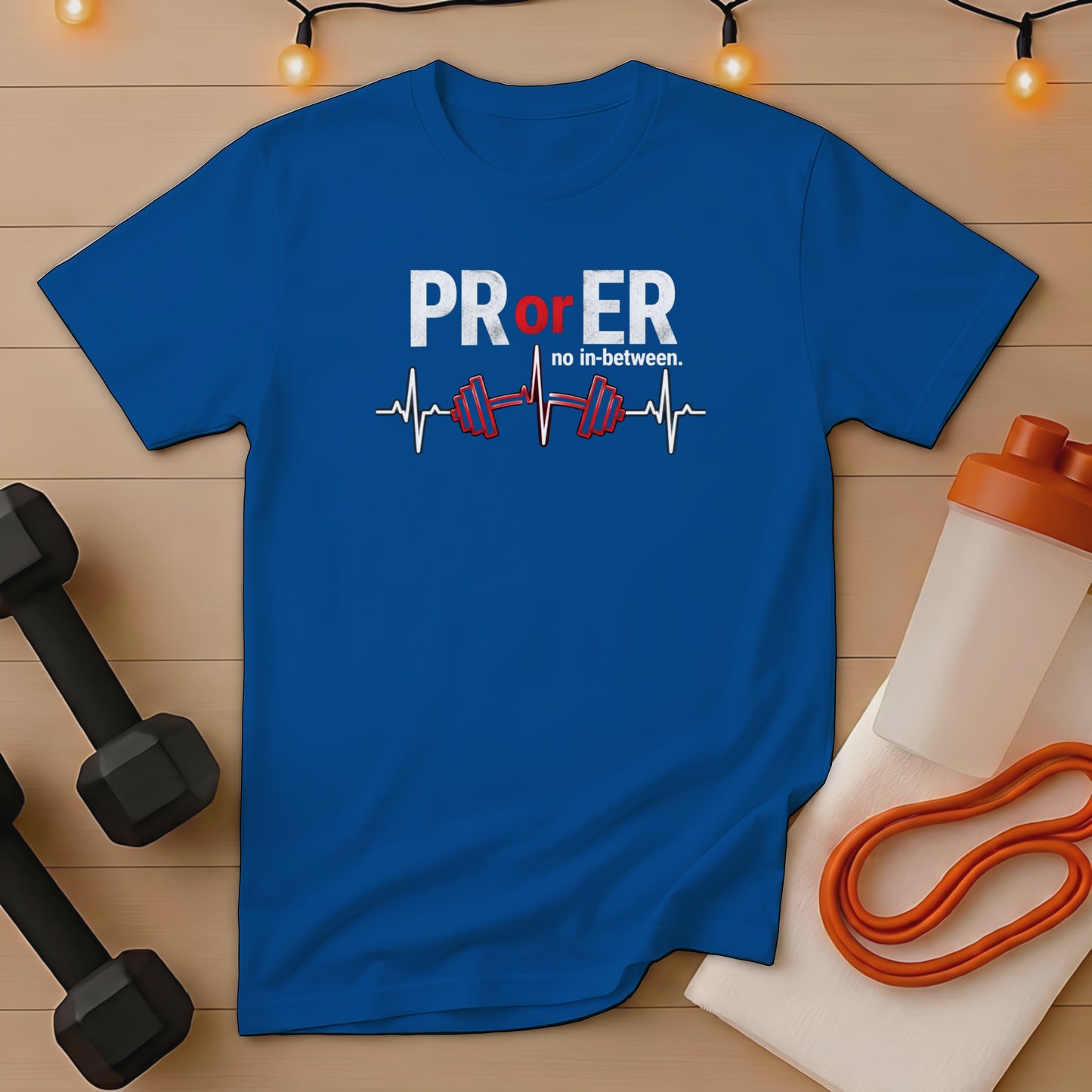 Royal blue t-shirt with "PR or no in-between" and barbell heartbeat graphic.
