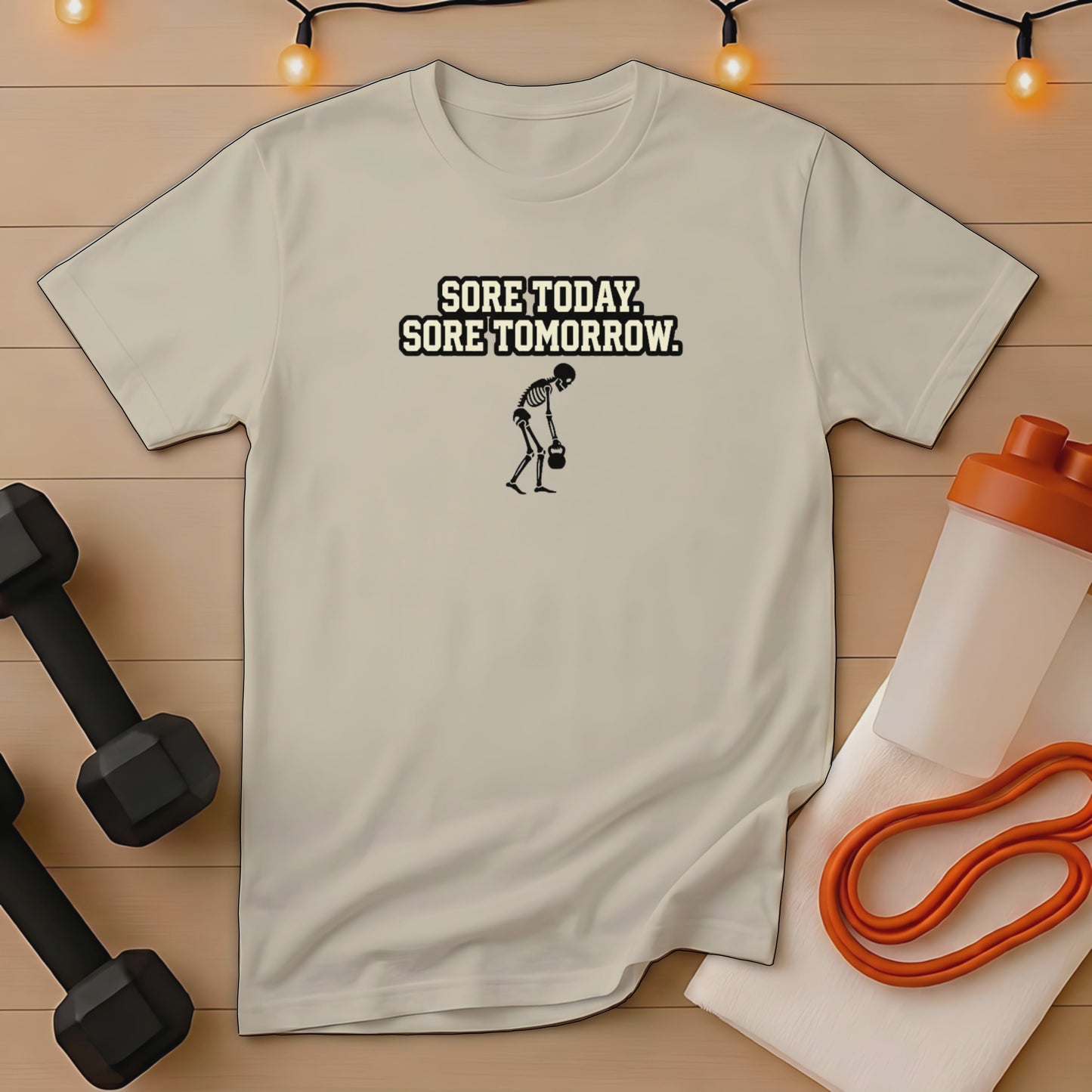 T-shirt with skeleton lifting weights and text "Sore Today, Sore Tomorrow."