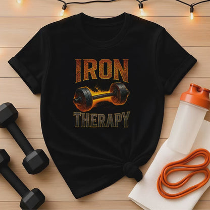 Iron Therapy – Flaming Barbell Edition Strength Training Tee