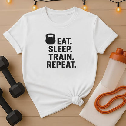 Eat Sleep Train Repeat T-Shirt - Kettlebell Edition Gym Tee for Hardcore Lifters