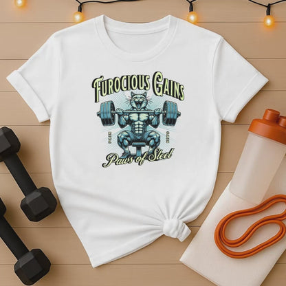 Furocious Gains Paws of Steel Cat Lifting Weights T-Shirt